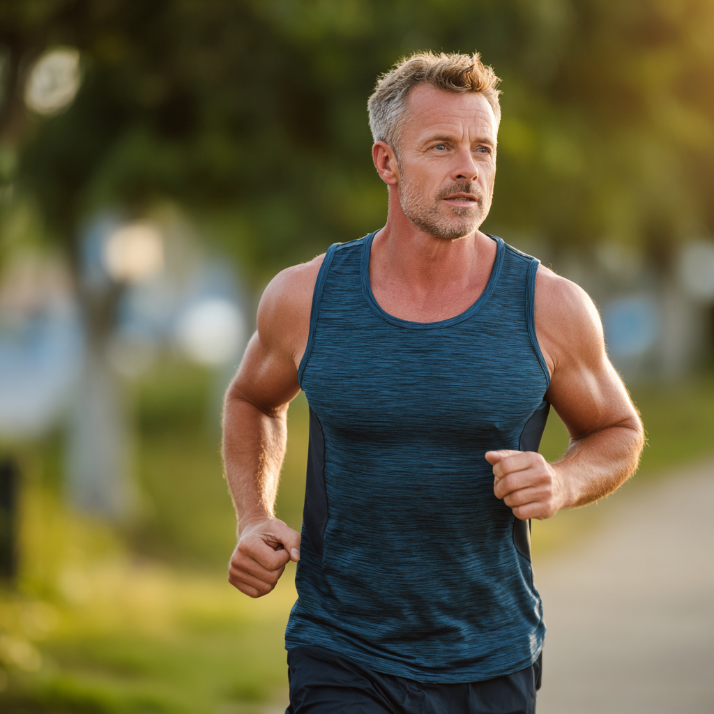 A healthy middle-aged man around 50 years old in athletic wear running outdoors in a park setting, displaying good cardiovascular fitness and endurance training form during his morning workout routine